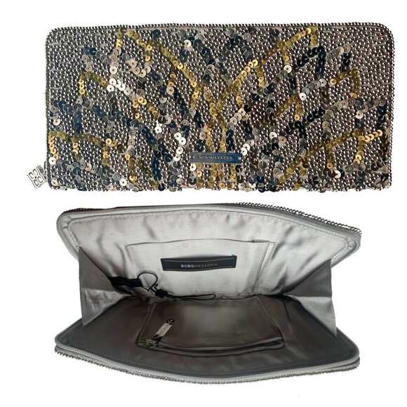 BCBG Maxazria Evening Clutch Metallic Gunmetal Silver Gold Beads Sequins NWOT - Picture 1 of 6
